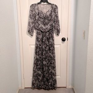 Ella Moss Gray 100% Silk Animal & Floral Graphic Print Chiffon Maxi Dress XS